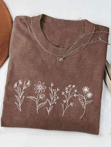 INAWLY Camiseta casual de manga corta con cuello redondo y estampado floral para mujer de talla grande - Café integral - Ver 3