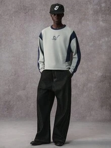 STYNVO Men's Autumn Musical Note Print Round Neck Long Sleeve Contrast Color Casual Pullover Sweatshirt - Grey - View 3