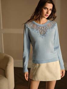 MOTF PREMIUM WOMEN'S CONTRAST GUIPURE LACE LONG SLEEVE SWEATER, AUTUMN - Blue - View 5