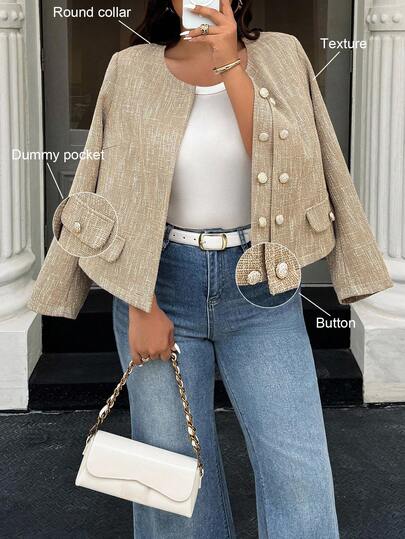 Easura Plus Size Elegant Double-Breasted Cropped Jacket For Commuting Fall Winter Cloth For Women Autumn