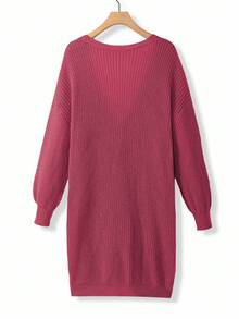 EMERY ROSE Plus Size Women Loose Casual Drop Shoulder Lantern Sleeve Knitted Cardigan, Black Jacquard Pattern, Mid-Length, Versatile Daily Wear - Red Violet - View 2