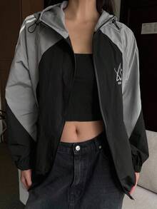 DAZY 女士前拉链长袖纯色和字母印花拼布连帽夹克，女士春秋休闲抽绳、口袋、拉链插肩袖连帽宽松多色拼色、字母、条纹女士夹克，休闲日常穿着 - 彩色 - 查看 4