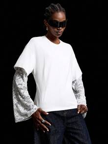 LYSMO 2025 New Arrival Minimalist Fall-Winter Women's Loose Fit Round Neck Drop Shoulder Contrast Lace T-Shirt, Fresh And Elegant, French Romantic, Graceful Temperament, Casual And Versatile, Youthful, Delicately Feminine, Perfect For Daily Commuting Lace Jersey Lace Shirts Sleeve Top Bell Sleeves Underscrub Long Sleeve,White Shirt,White Top - White - View 3