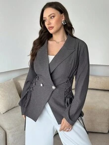 Modelyn 大码女式优雅长袖系腰休闲西装外套 - 灰色 - 查看 6