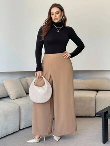 Modelyn Wide Leg Pants, Loose & Comfortable, Flattering, Versatile, Asymmetric Hem, Long, Plus Size - Khaki - View 5
