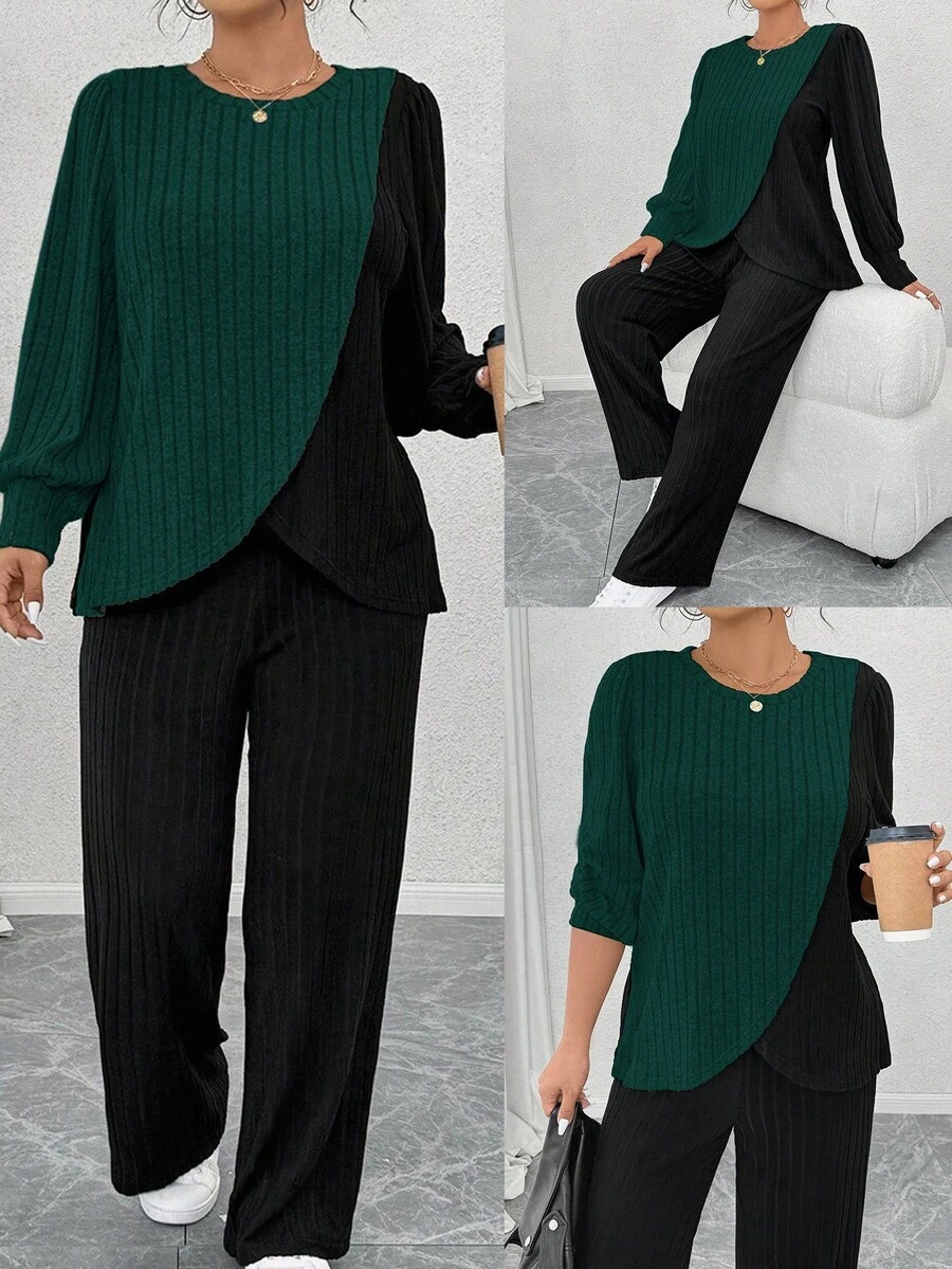 EMERY ROSE Plus Size Black Autumn Curve Smart Casual Loungewear 2 Pieces Set,Soft Knit Ribbed Crew Neck Long Sleeve Asymmetrical Patchwork Top&Straight Leg Pants - Multicolor - View 1