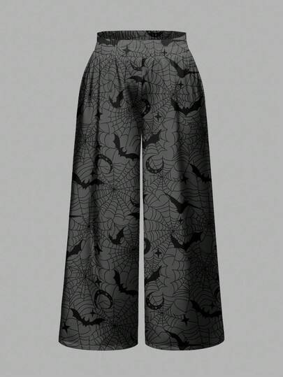 Goth Plus Size Women Black & Grey Bat, Spider, Horror Halloween Themed Pants