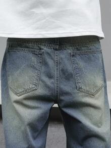 Manfinity EMRG Plain Medium Wash Wide Leg Denim Jeans For Men Long Ripped Design Casual Wear Drip Jeans - Medium Wash - View 8