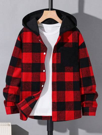 SHEIN Teen Boys Casual Plaid Black Christmas Red Colorblock Woven Button-Down Shirt,Ensemble Hiver,Winter Clothing,Fall Outfits,Fall Clothing,All Clothes For Kids,Long Sleeve Shirts,Black Tops ,Fall Tops ,