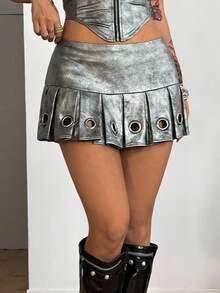 Coolane Women's Fall Concert Going Out Music Festival Streetwear Vintage Y2K Grommet Eyelet Silvery Low Rise Mini Pleated Skirt - Silver - View 2