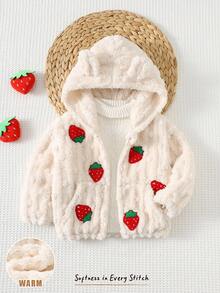 Cozy Pixies Baby Girl Strawberry Textured Fleece Thick Hooded Long Sleeve Jacket, Versatile & Comfortable Fall Winter - Apricot - View 7