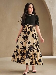 SHEIN Tween Girl Casual Printed Pattern Cinched Waist Dress, Suitable For Daily Wear And Commuting - Multicolor - View 4