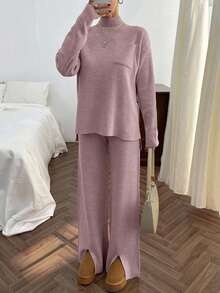 SHEIN Cottnline Rib Pattern Pocket Pullover Pant Knit Set - Dusty Pink - View 8