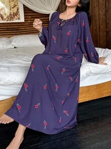DAZY Floral Print Drawstring Waist Loose Long Women Nightgown, Fall Pajama, Winter, Moo Moo Night Dress - Purple - View 4