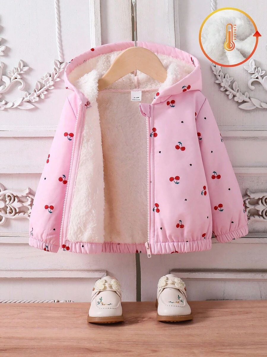 SHEIN 女宝宝幼儿0-3岁秋冬百搭日常保暖内衬可爱樱桃图案连帽夹克 - 紫色 - 查看 1
