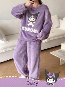 HELLO KITTY AND FRIENDS | SHEIN 女士宽松卡通刺绣上衣和裤子睡衣套装，秋冬季服装 - 紫色 - 查看 10