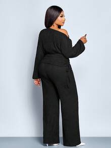 SOLERSUN Plus Size Women Summer Black Winter Smart Casual Dinner Two Pieces Set,Asymmetrical Shoulder Long Sleeve Drawstring Top & Slim  Micro Flared Pants Set - Black - View 2