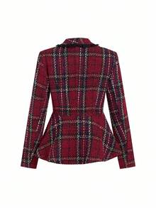 Ellevyn Women's Peter Pan Collar Cinched Waist Long Sleeve Metal Button Red Plaid Christmas Wool Tapered Pants, Elegant For Everyday Wear - Multicolor - View 10