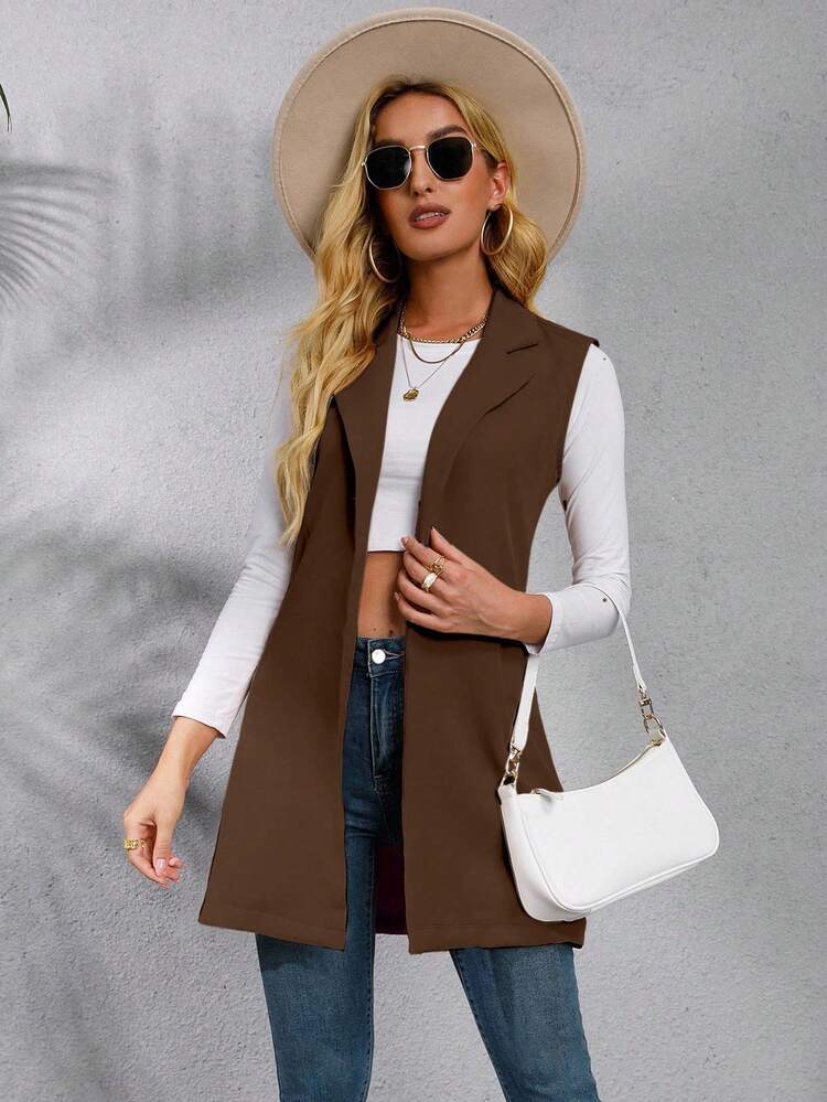 EMERY ROSE 女式纯色斑驳翻领前开襟无袖休闲西装外套 - 棕色 - 查看 3