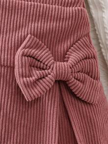 Elladie kids 4-7 anni Ragazze Casual Dolce Bianco Maglia Jacquard Fiocco Decorazione Volant Orlo Manica Lunga Girocollo Top e Rosa Velluto a Coste Vita Elastica Plissettata Gonna, Adatto per Uso Quotidiano, Uscite Casual - Multicolore - Visualizzare 7