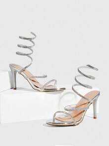 CUCCOO SZL Pointed Toe Stiletto Rhinestone Embellished Sexy Women's High Heel Sandals - Silver - View 2