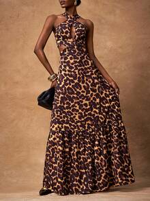 Zivah 2025秋季新款音乐节、复活节、圣帕特里克节、西部风、游牧风、生日派对、毕业典礼、学院风、学生装、日常出游、基础搭配、休闲装、度假装、邮轮旅行、海滩装、日光浴装、网络爆款、街头服饰、婚礼宾客波西米亚风、通勤装、早午餐装、机场装、派对假日出游、性感优雅休闲度假交叉挂脖镂空前镂空后腰收腰A字长裙、豹纹梭织女式超长连衣裙 - 棕色 - 查看 5