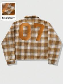 ROMWE MEN Street Life Men's Woolen Street American English Graphic Prep Plaid Printed Jacket, Autumn/Winter