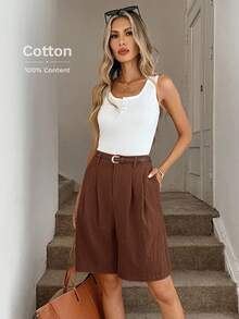 Easowa 休闲通勤百慕大短裤，纯棉面料，舒适卡其色长款女式短裤，带口袋和拉链，适合复古风格、办公室、通勤和日常穿着，秋季棕色女式短裤，宽松阔腿长款短裤。 - 棕色 - 查看 3