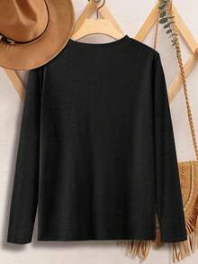 EMERY ROSE Plus Horse Printed Casual Long Sleeve T-Shirt Graphic Tees Women Tops For Spring - Black - View 2