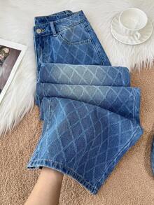 Comfortcana Jeans amples et décontractés à jambes larges avec poches et motif à carreaux pour femmes