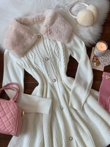 Comfortcana Váy len cổ lông chắp vá họa tiết dây thừng dành cho nữ, Thu/Đông - Màu be - Xem 6