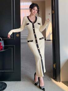 DAZY Women's Autumn Colorblock V-Neck Long Sleeve Single-Breasted Fitted Elegant Knit Dress Sweater Dress - White - View 4