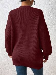 EMERY ROSE Áo khoác cardigan dệt kim hở gân màu trơn tối giản cho nữ, mùa thu/đông - Màu Đỏ Sâu - Xem 3