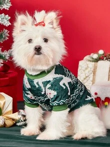 PETSIN 1 件宠物圣诞猫狗通用绿色麋鹿雪花费尔岛图案印花毛绒玩具，温暖舒适，适合狗狗圣诞节 - 彩色 - 查看 5