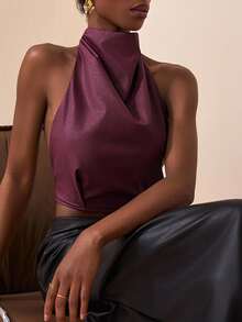 Zivah 2025秋冬新品，音乐节，毕业季，学院风，学生装，日常休闲，度假，海滩，日光浴，街头风，通勤优雅，圆领，小立领，无袖，PU皮上衣，露脐上衣，酒红色 - 酒紅色 - 查看 3