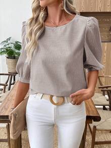 EMERY ROSE Women's Casual Commuter Striped Lantern Sleeve Shirt - Brown - View 6