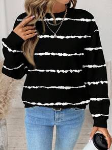 EMERY ROSE Back To School, Teacher's Day, Halloween Versatile Casual Minimalist Colorblock Black & White Tie-Dye Striped Print Crew Neck Loose Fit Women Sweatshirt, Suitable For Autumn/Winter