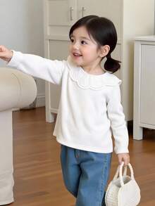 Genkimix Kids Áo thun tay dài vải gân cho bé gái có cổ viền ren, thoải mái, thời trang thanh lịch, phù hợp cho mùa xuân, thu, đông - trắng - Xem 3