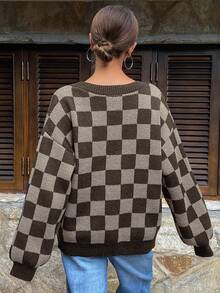 Livesso Cárdigan de punto con estampado de tablero de ajedrez para mujer, tops de manga larga, ropa de otoño a cuadros - Marrón - Ver 4