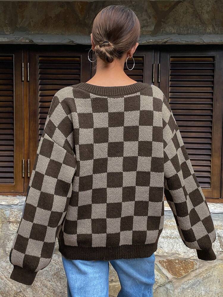 Livesso Áo len cardigan họa tiết bàn cờ dành cho nữ, áo dài tay, quần áo mùa thu kẻ caro - màu nâu - Xem 4