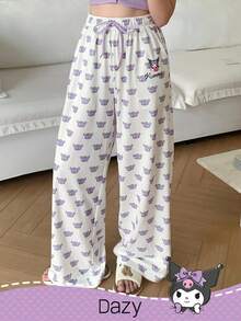 DAZY HELLO KITTY AND FRIENDS | SHEIN 女士舒适卡通图案抽绳腰带睡裤，冬季 - 白色 - 查看 3