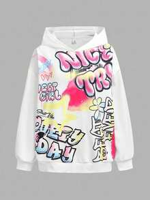 SHEIN Girlism 少女白色印花连帽衫和工装裤套装 - 黑與白 - 查看 5