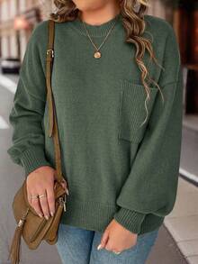 SHEIN LUNE Plus Size Solid Color Lantern Sleeve Sweater, Casual For Autumn/Winter - Green - View 4