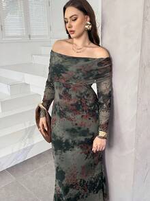Modelyn Plus Size Women's Mesh Printed Off Shoulder Long Sleeve Elegant Dress - Dark Green - View 7