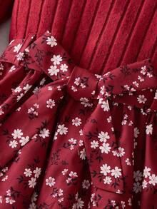 Tween Girl Round Neck Puff Sleeve Ditsy Floral Casual Dress Fall Winter - Burgundy - View 4