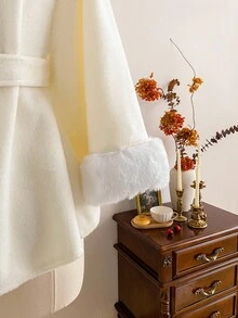 Vintamour 复古经典优雅派对女式人造皮草夹克，宽松毛领拼布皮草外套，白色披肩外套配腰带，秋冬 - 白色 - 查看 7