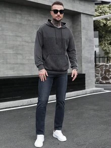 Manfinity CasualCool 男士拼布纹理水洗连帽衫 Manfinity 休闲酷炫男士休闲日常穿着，特别高端的小众黑色复古水洗棉几何针织纹理提花面料拼接宽松落肩连帽卫衣，适合秋季 - 黑色 - 查看 5