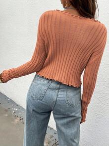 Chiquease Lettuce Trim Twist Knot Casual Long Sleeve Cardigan - Orange - View 2