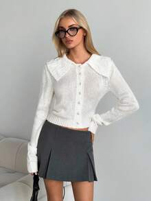 SHEIN EZwear Collared Solid Color Button Front Fitted Cropped Long Sleeve  Cute Knit Cardigan Sweater,Fall Clothes For Women,Back To School Clothes - White - View 1