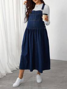 SHEIN 孕妇蓝色无袖褶皱荷叶边下摆休闲宽松牛仔连衣裙 - 藍色 - 查看 5